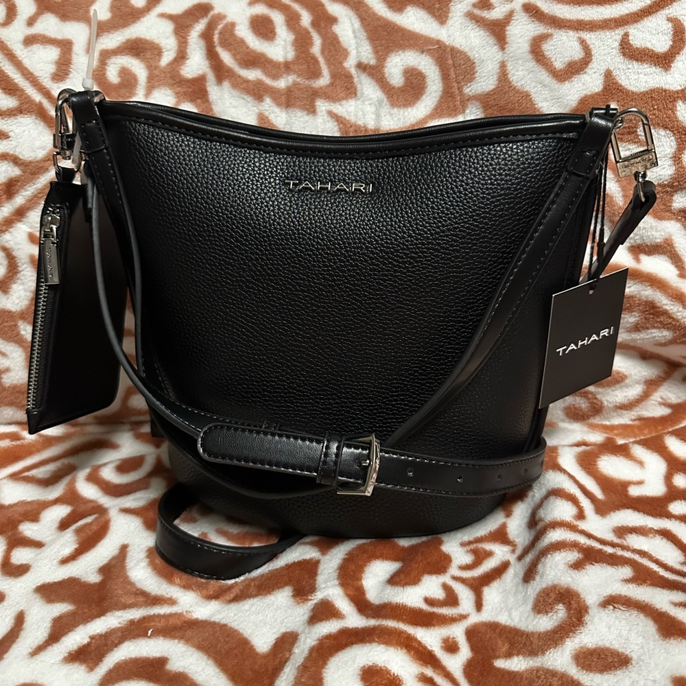 Tahari Black Shoulder Bucket Bag Sleek Design